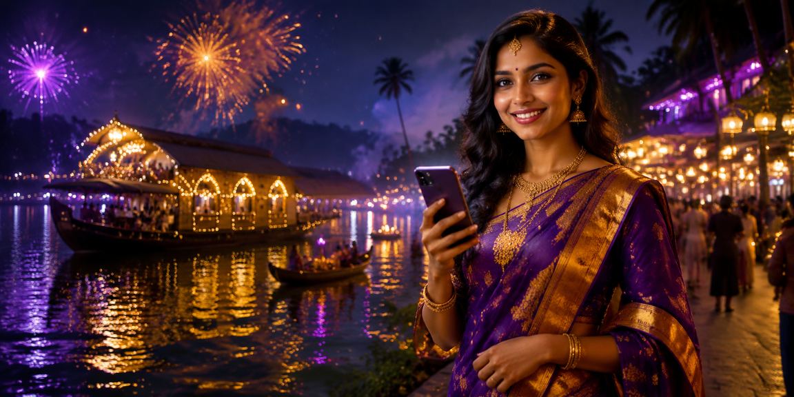 Scenic Kerala backwaters with mobile payments at night market